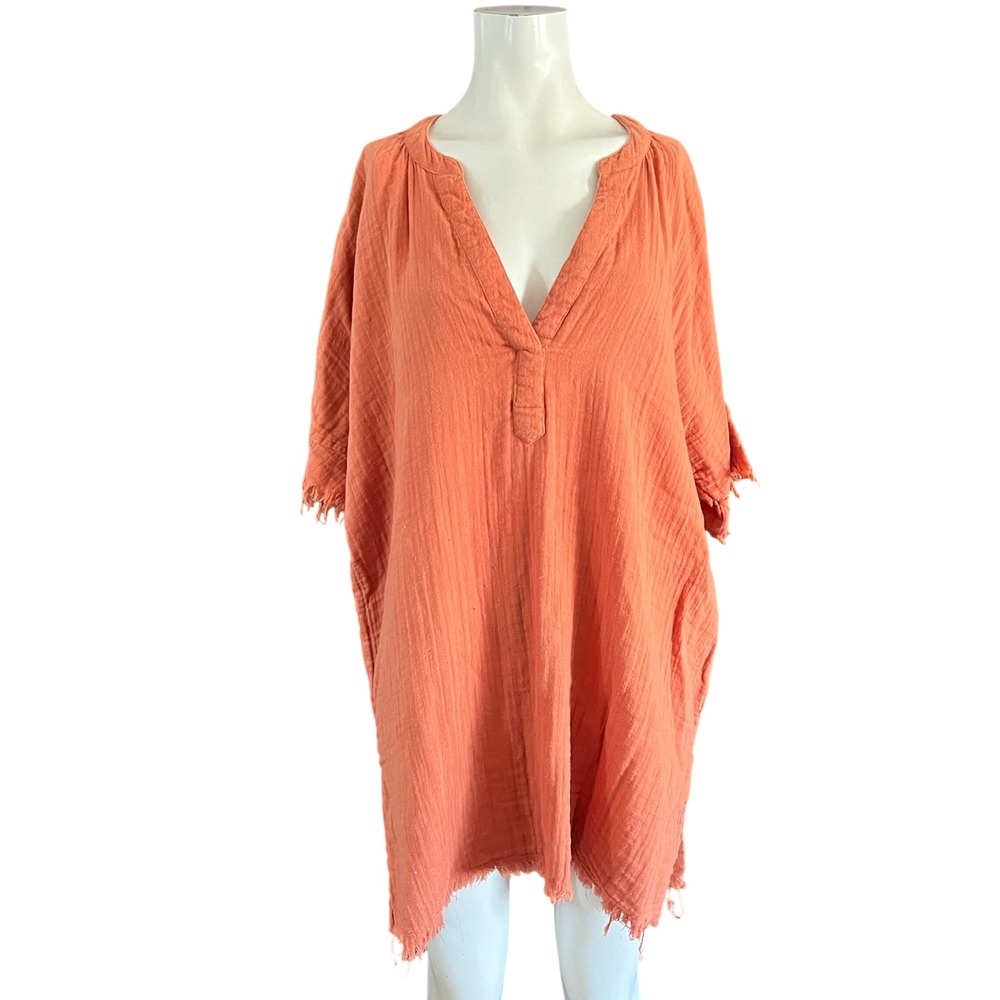 Natural Life Terracotta Orange Cotton Gauze V-Neck Frayed Hem Boho Tunic Large